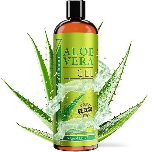 Seven Minerals Organic Aloe Vera Gel from freshly cut 100% Pure Aloe - Big 12oz - Texas grown, Vegan, Unscented - For Face, Skin, Hair, Sunburn relief