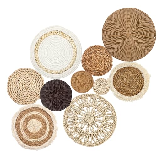 10 Stück Boho Wandkorb Wandbehang Rattan Dekor Flach Rund Gewebt...