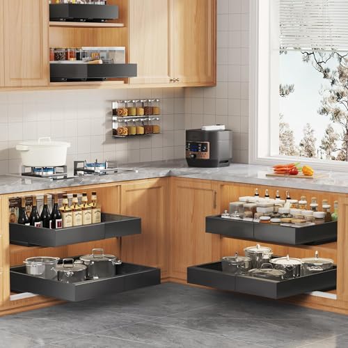 2 Pack Expandable Pull Out Cabinet Organizer 16.5"Deep With Raising Pad for Framed Cabinets,Upgrade 3 Slide Rails Slide Out Drawers,No Drill Roll Out Shelves,Adjustable Width 12.2"-20.4"Black