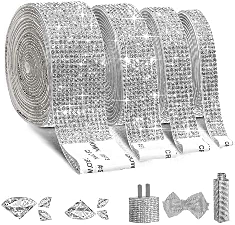 EANLOLY 4 Rolls Crystal Rhinestone RibbonCrystal Self Adhesive Rhinestone Decorative Banding Belt Sticker for Art Craft DIY Car Decoration(silver)