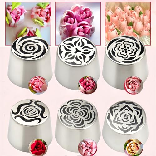 Lot de 6 douilles russes extra larges en acier inoxydable pour décoration de gâteaux, crème glacée, bouquet de fleurs, biscuits