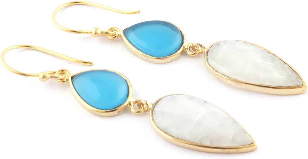 Guntaas Gems Moonstone & Sky Blue Chalcedony Hook Earring Pair Brass Gold Plated Drop & Dangle Earrings Gift For Her