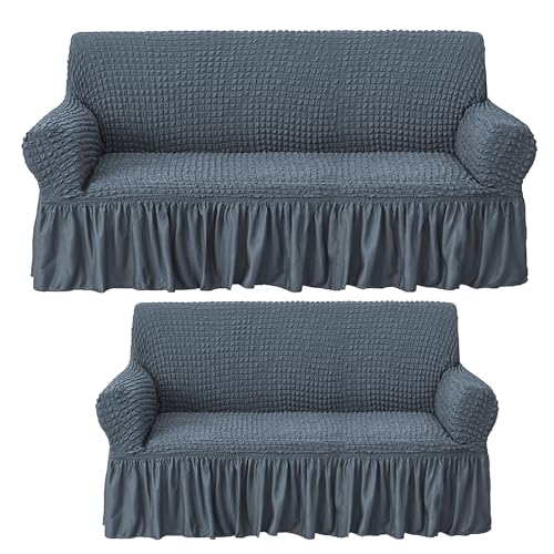 Image of House of Quirk Turkish Bubble Frill Five Seater 3 + 2 Sofa Slipcovers 280 GSM, Durable Washable Universal Triple Seater High Elastic Furniture Protector (Grey)
