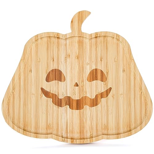 Hiceeden 13 inch Halloween Charcuterie Board Cutting Board, Bamboo Pumpkin Cheese Board Serving Platter with Handle, Halloween Serving Tray Dinnerware for Party, Housewarming Gift