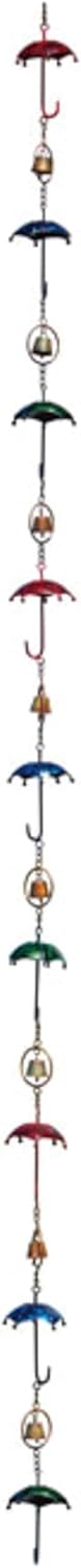 BestNest Set of 2 Ancient Graffiti Umbrella & Bell Rain Chains | Multicolored Iron Rain Chains with Umbrella Shapes & Bells | Decorative Downspout Alternative with Gutter Clips, 99" Each