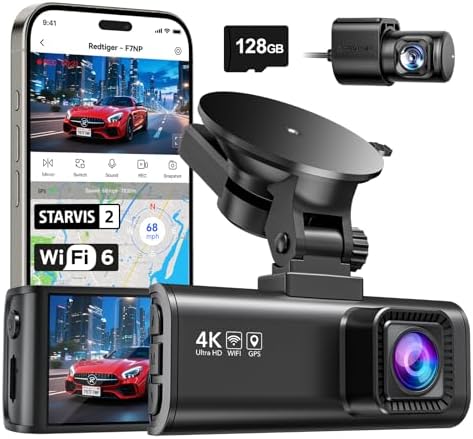 REDTIGER Dashcam Auto Vorne Hinten 4K/2,5K mit STARVIS 2, 5.8GHz WiFi20MB/s | Kostenlose 128-GB-Karte, Dash Cam Auto Kamera 3,18" IPS-Bildschirm, GPS, 170°Weitwinkel WDR, Unterstüt