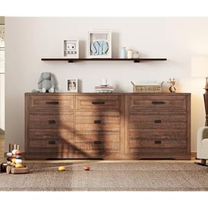 WAMPAT 9 Drawers Dresser Chests for Bedroom, 2 in 1 Wooden Dressers with Chest of Drawers, Farmhouse Storage Cabinet Accent Cabinet for Hallway Living Room Nursery, Rustic Brown