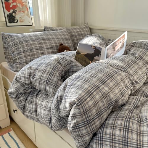 Image of MKXI King Modern Plaid Duvet Cover Set 3 Piece - Deep Navy Washed Cotton Bedding, Modern Farmhouse Check Design, Breathable & Vintage Linen Like Bedding Set with Zipper Closure