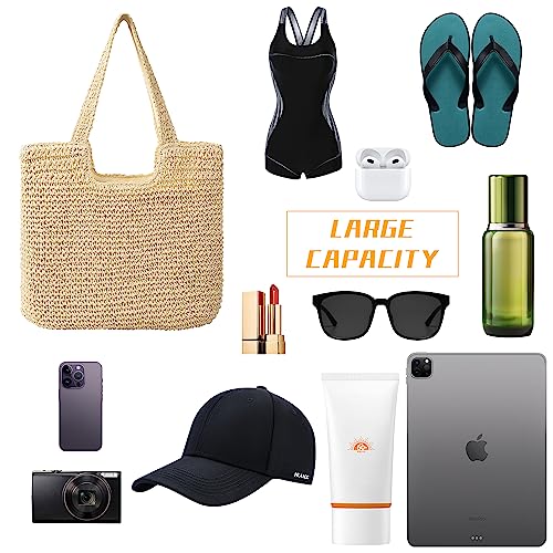 Image of Trifabricy Beach Bags for Women, Woven Straw Tote Bags,Large Beach Bag, Weaving Swim Shopping Travel Bag Waterproof