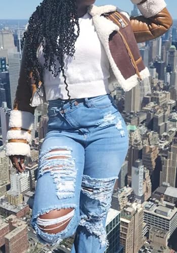 LETSVDO Women's Skinny Ripped Jeans High Waisted Straight Leg Distressed Raw Asymmetrical Strechy Denim Pants4