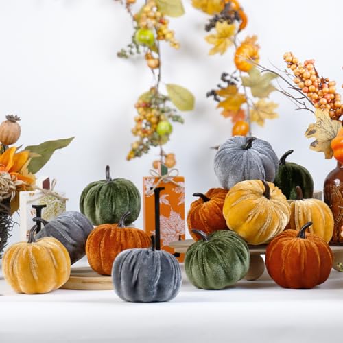 Image of Super Holiday 12PCS Artificial Velvet Pumpkins Decorations, 4 Colors Foam Faux Flocked Pumpkins for Fall Harvest Theme Party Wedding Halloween Thanksgiving Table Decor