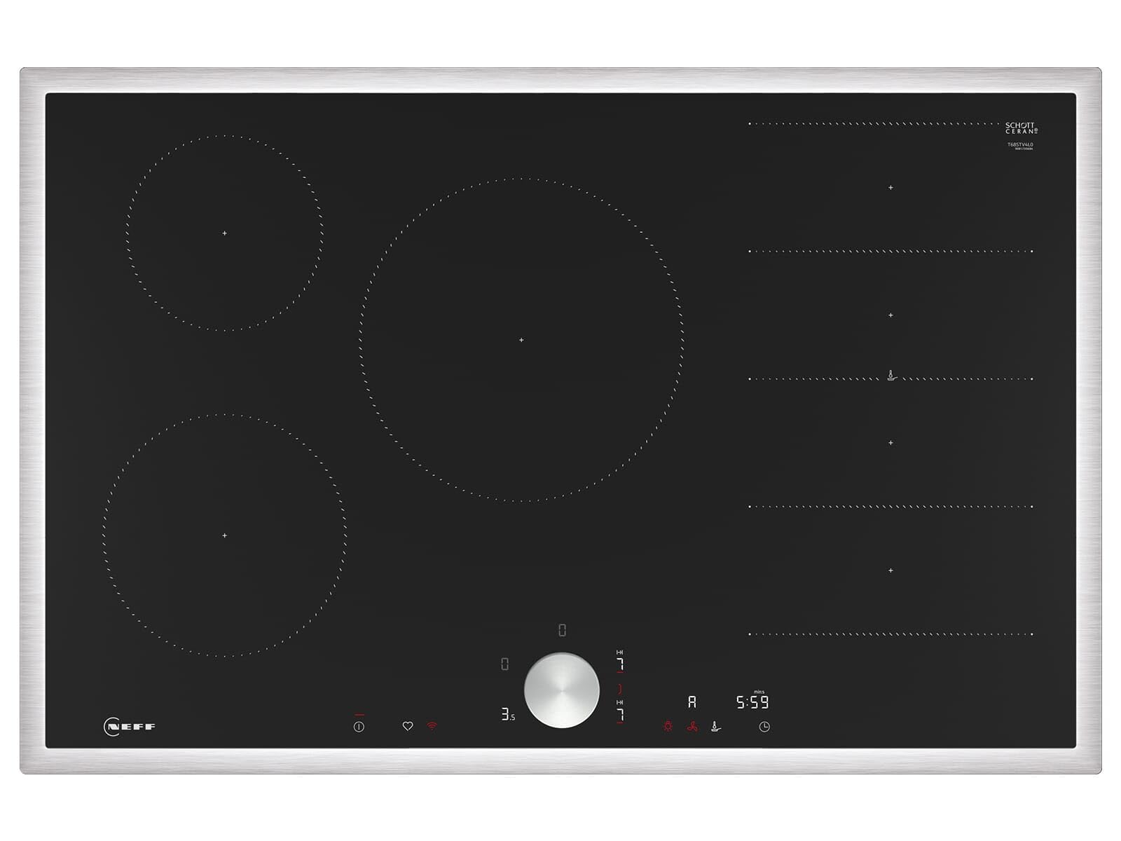 NEFF T68STV4L0, N 90, Induktionskochfeld, autarkes Glaskeramik-Kochfeld 80 cm breit, Twist Pad, Flex Induction, Home Connect, Smart Hood Automatic, aufliegend, Schwarz
