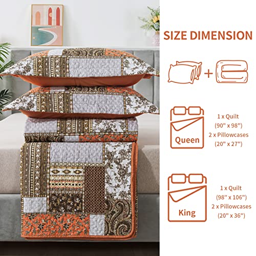 BEDIFANY Cotton California King Size Quilt for Farmhouse- Fall Patchwork Bedspread Set - Highly-Woven Soft Reversible Oversized King Size Coverlet for All Seasons (Floral Orange) 3 Pieces