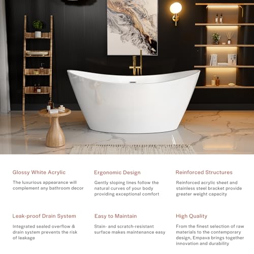 Image of Empava 67 inch Luxury Freestanding Soaking Bathtub - Modern Oval Spa Tub for Deep Relaxation & Master Bathroom Sanctuary, High-Gloss Acrylic with Brushed Nickel Overflow and Drain, cUPC Certified