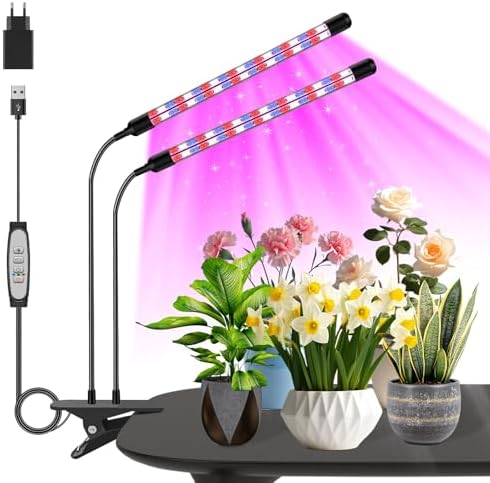 Lampe de Croissance LED 2 Têtes,Lampe pour Plantes à Spectre Complet,Lampe de Plante avec Minuteur,3 Modes de Couleur et 5 Niveaux de Dimming,lampe de culture LED pour Plantes d'Intérieur (Rouge+Bleu)