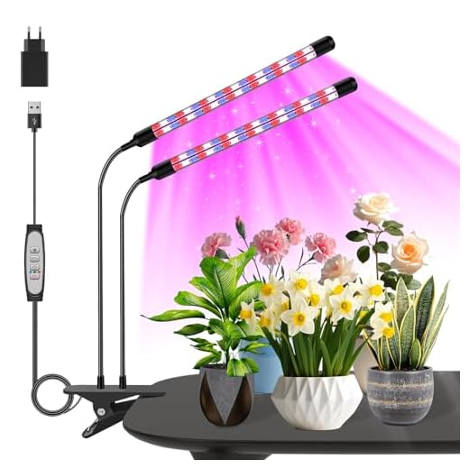 Lámpara para plantas de 2 cabezales, lámpara de crecimiento en forma de V, luz de crecimiento de espectro completo para plantas de interior, luz para plantas con temporizador de 6/12/18h (Rojo+Azul)