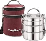 neelam Stainless Steel Lunch Box/Tiffin with Bag, 3-Tier Container, 1100 ml, Hot & Cold Leak-Proof, Compact & Durable, Perfect for Office, School, Picnic and Travel, Silver