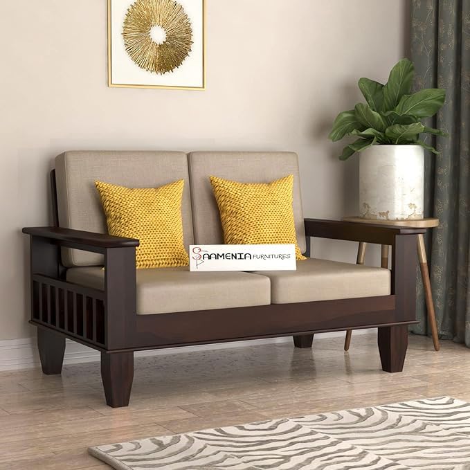 Image of Sheesham Wooden 2 Seater Sofa for Living Room | Rosewood 2 Seater Cushion Sofa with Side Newspaper Holder for Home & Office | Solid Wood Sofa Set for Lounge (-Walnut)