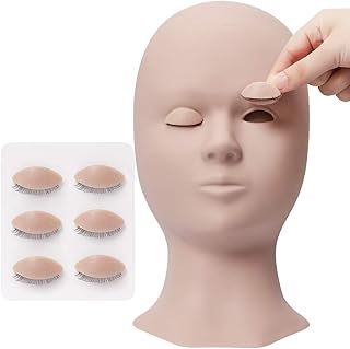 Eyelash Mannequin Head Replaced Eyelids Silicone Training Mannequin Head Lash Extension Supplies For Make up Practice with 4 Pairs Replaced Eyelids Soft-Touch Rubber Practice Head