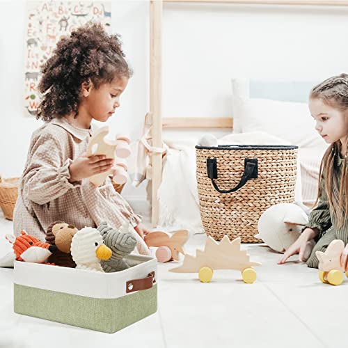 Image of DULLEMELO Small Storage Basket, Fabric Collapsible Gift Storage Basket for Shelves, Closets, Nursery, Home, Office Organizing, Small Canvas Linen Rectangular Storage Bin with Handles (White&Green)