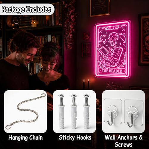 Image of Pink Neon Sign Led Neon Lights Signs for Wall Decor USB Powered Led Signs for Room Decoration-Skeleton Reading Book