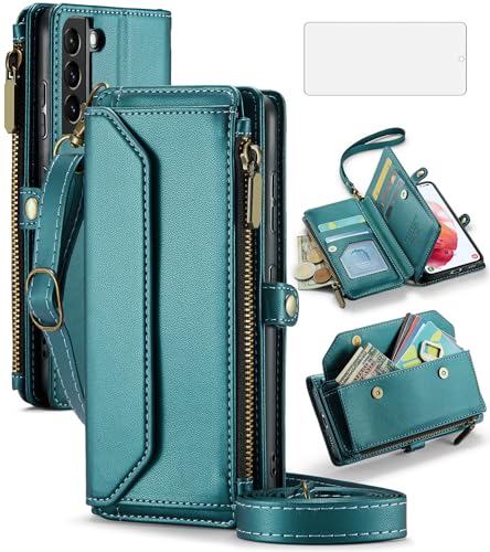 Étui portefeuille Samsung S21 5G Asuwish en cuir avec fermeture éclair et verre trempé
