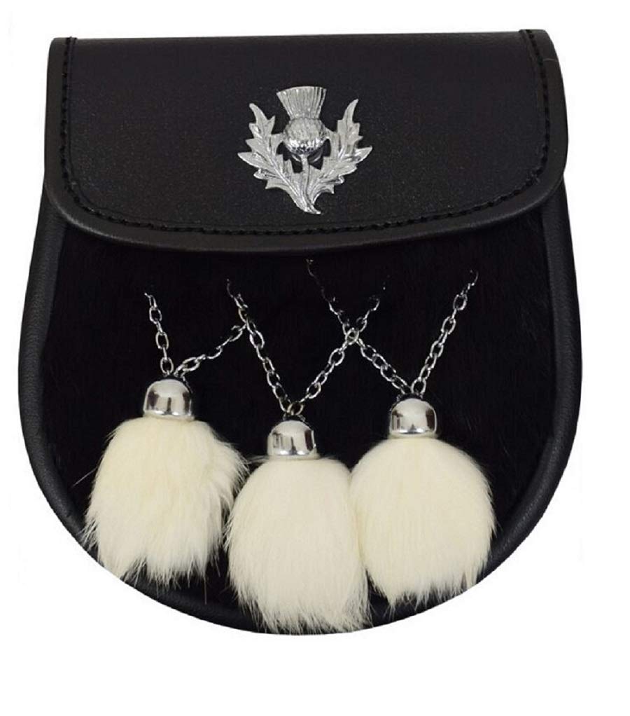 SHYNE KILTS U.K KILT SPORRAN THISTLE CREST BLACK 3 TASSLES CHROME WHITE
