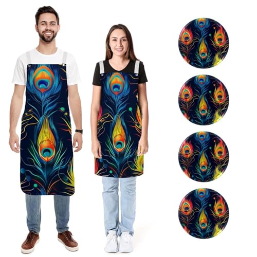 Tablier de cuisine plumes de paon imperméable à grandes poches et attaches réglables pour adulte