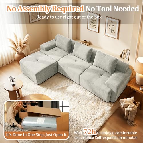 Image of 122 inch L-Shaped Modular Sectional Sofa, Oversized Boneless Cloud Couch for Living Room with Extra Deep Seat & High Back, Tool-Free No Assembly, Soft Chenille (Light Grey, 122 inch-L Shaped（3+1）)