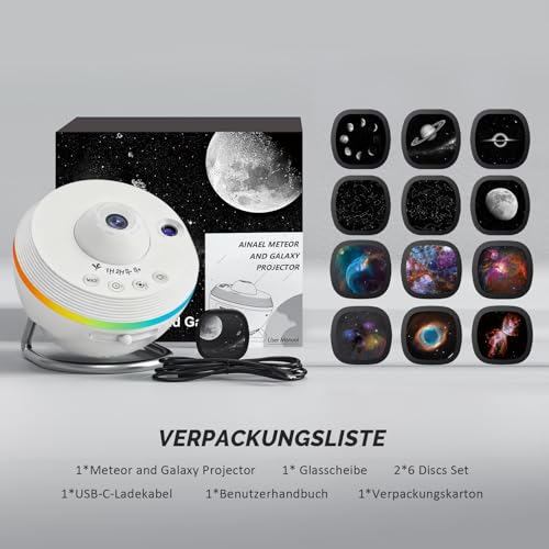 Ainael Sternenhimmel Projektor, Galaxy Star Planetarium Weltraum Sternenprojektor Nachtlicht mit Lichtstreifen, Meteor and Galaxy Projektor & 2 Films Set für Kind Erwachsene Geschenk