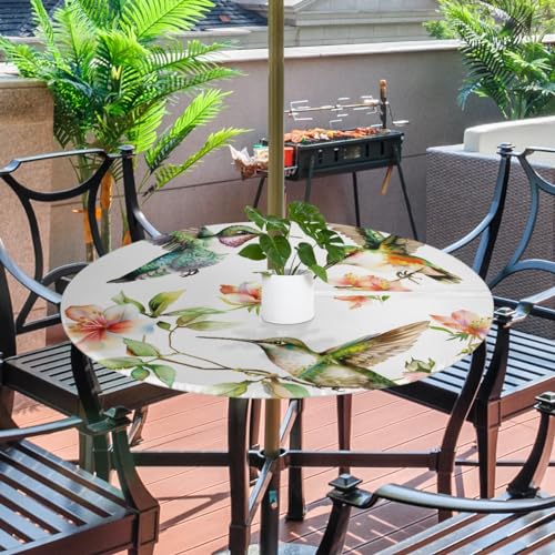 Tablerazzi Hummingbird Round Outdoor Tablecloth with Umbrella Hole and Zipper Flower Bird Colourful Fitted Tablecloth Wipeable Table Cloth for Picnic Garden, 36''-44''