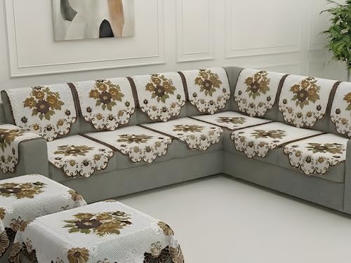 Image of Fab Nation Sofa Cover L Shape 5 Seater with Corner L Type Fully Covered Sofa Set for Living Room | Cotton Sofa Slipcovers for 3 + 2 Seaters Cover with 2 Arms + 2 Setty Covers | Brown