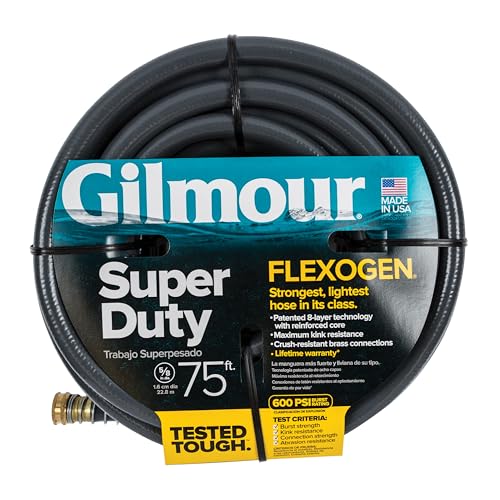 Gilmour Flexogen 5/8 in x 75 ft Garden Hose, Heavy Duty Water Hose, Flexible and Kink Resistant Outdoor Hose, Black