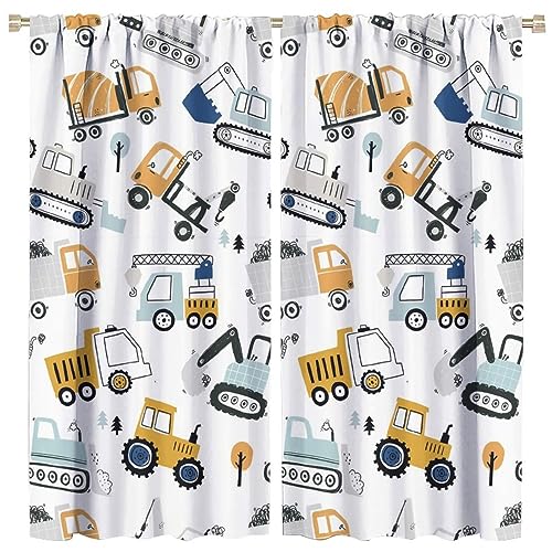 Cartoon Truck Excavator Curtains,Boys Room Decor Construction Equipment Truck Car Window Curtains Thermal Insulated Rod Pocket Blackout Curtains for Bedroom 2 Panels 45