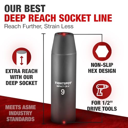 Image of TIGHTSPOT 1 /2 Inch Drive - 9 mm Deep Impact Socket with Anti-Rounding 6 Point Design, Heat-Treated CRV Steel, Metric