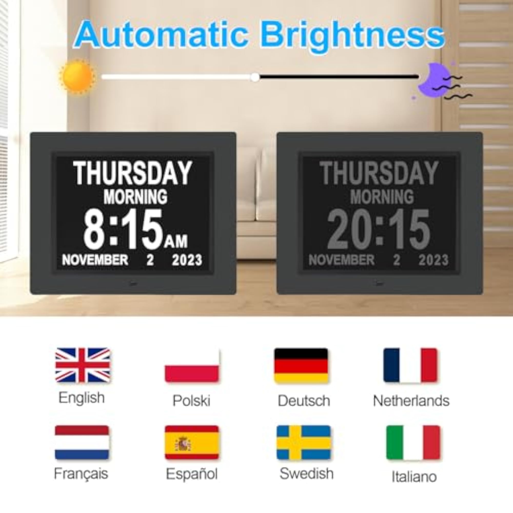 8 Inch Digital Day Calendar Clock with Alarm Reminders