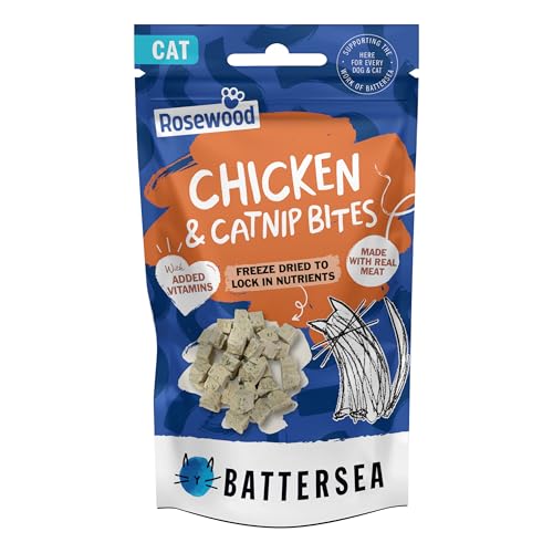 Rosewood x Battersea Chicken & Catnip Freeze Dried Cat Treats High Protein Healthy Cat Snack with Added Vitamins Real Meat and Catnip Infused for Stimulation