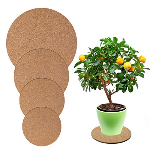 OKAYC 4 Pieces Cork Plant Mat Plastic Plant Mat Round Plate Pad for Kitchen Hot Mats,Indoor and Outdoor Flower Pots and DIY Craft Projects,(4 Inches, 6 Inches, 8 Inches, 10 Inches, Black, Cork Color)