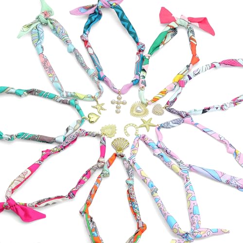 Convertible Silk Scarf Necklace, Adjustable Statement Jewelry with Gold-Plated Charms, 90cm Length (Scarf with LD746#2 Pearl cross, #8)