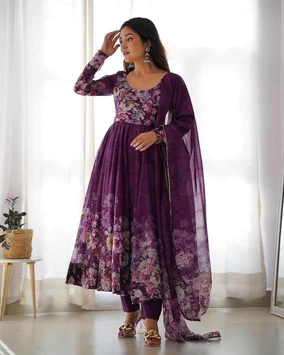 Image of KD Women's Floral Printed Georgette Anarkali Kurta Set With Dupatta, Traditional Salwar Suit, Long Sleeve Ethnic Dress