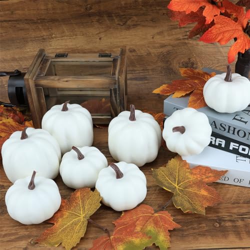 Image of Ghrdopy Fake Pumpkins, 8 Pcs White Artificial Pumpkins, Plastic Pumpkins for Thanksgiving Party Table Centerpiece Autumn Home Decoration-A