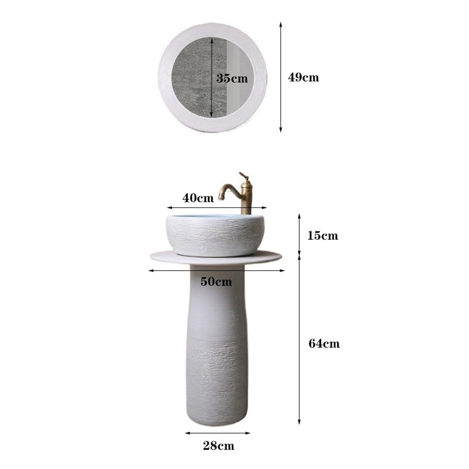 Lavabo su Colonna da Bagno in Ceramica con Rubinetto, Set di Scarico e Specchio - Piedistallo per Interni ed Esterni