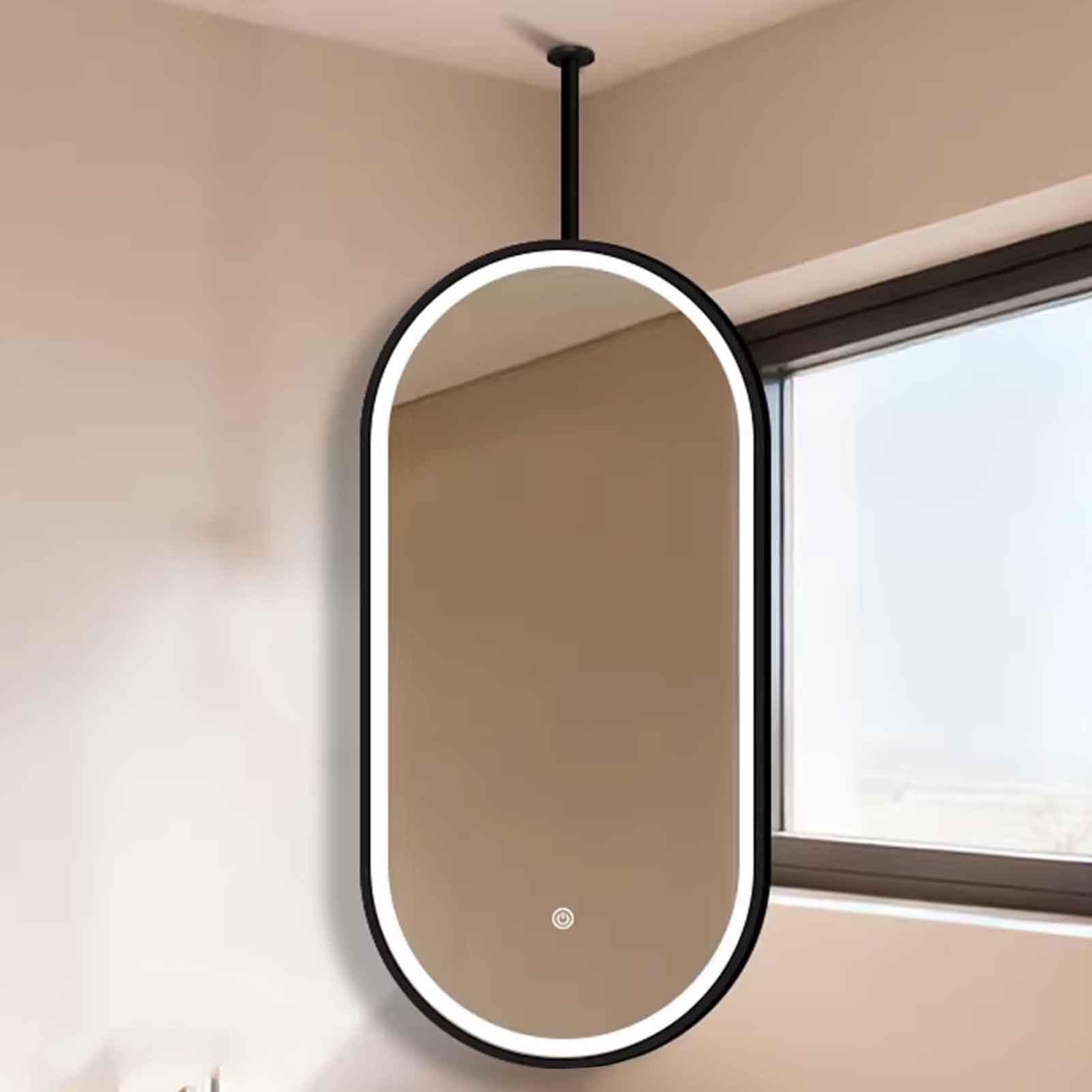 FGXHHS LED Bathroom Vanity Mirror, Black Metal Frame Oval Suspended Ceiling Hanging Modern Makeup Mirrors - 3 Color Dimmable Light(40cmx80cm)