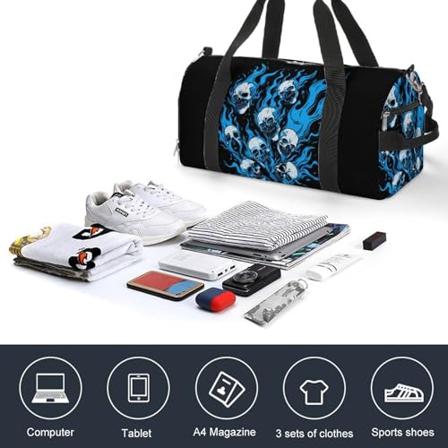 Blue Flames Skulls Funny Gym Bag Travel Tote Bag Duffel Bag with Shoe Compartment for Weekender Sports Vacation4
