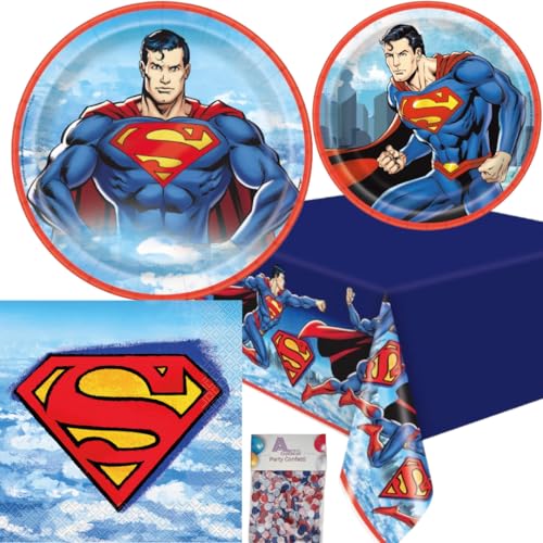 Superman Birthday Party Supplies Set for 16 Guests Superhero Theme Includes Dinner Plates Dessert Plates Napkins Tablecover Confetti for your Superhero Party