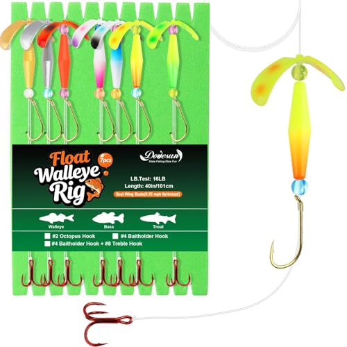 Dovesun Crawler Harness Walleye Rigs with Dual-Wing Blade Float Walleye Spinner Rig for Slow Trolling (0.25 mph) Fluorocarbon Worm Harness Baitholder and Treble Hook Walleye Fishing Rigs 7 Pack