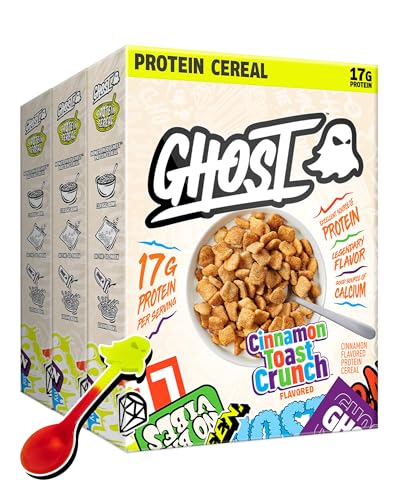 GHOST Protein Cereal, Cinnamon Toast Crunch (3-Pack) - 17G Protein, Good Source of Calcium - High-Protein Breakfast Cereal, Post-Workout Gym Snack - Keto-Friendly - 9.2oz Box with Spoon Included