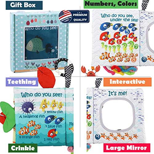 Soft Cloth Crinkle Books Touch Feel Baby Books 0-6 Months For Babies,Infants,Toddlers,Baby Boy Girl Toys 0-3 Months 6 To 12 Months 1-3 Years Old Shower Gifts Box, Sensory Toy Fish Octopus,Teether Ring #TOP4