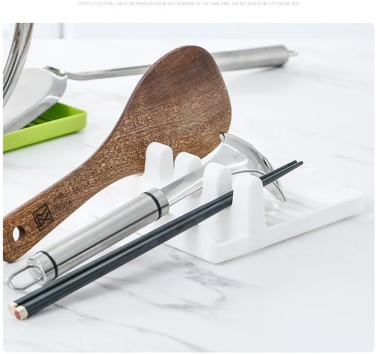 Miniatura 4 de Soporte para utensilios con almohadilla de goteo, sin BPA, resistente al calor para cucharas, cucharones, tenedores y pinzas (blanco)