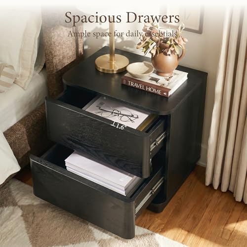 Image of Yechen Night Stand with 2 Push to Open Hidden Drawers Storage | 22'' Round Edges Bedside Table, Wooden Modern End Table, Mid Century Bedside Tbale for Bedroom, Curved Profile, Black